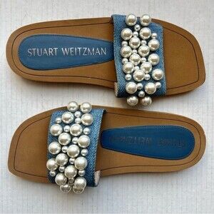 Stuart Weitzman Blue Denim Slide Flat Slip On Sandal Shoes w/ Pearls Women‎ 5 B